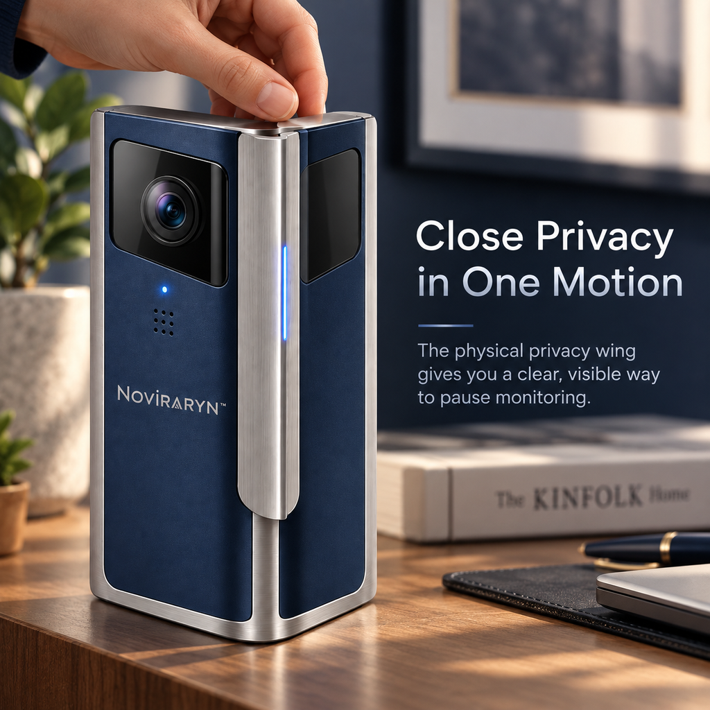 Noviraryn™ Architectural Corner Security Camera with Dual-Angle View and Physical Privacy Wing