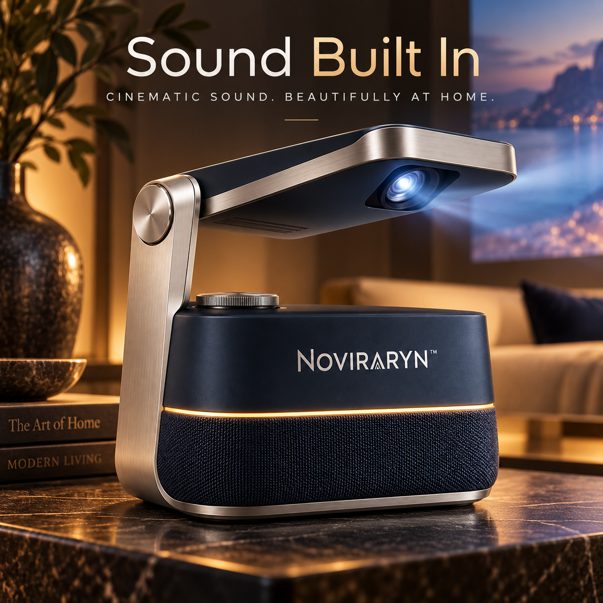 Noviraryn™ Fold-Flat Mini Projector with Pivoting Optical Wing and Integrated Speaker Base