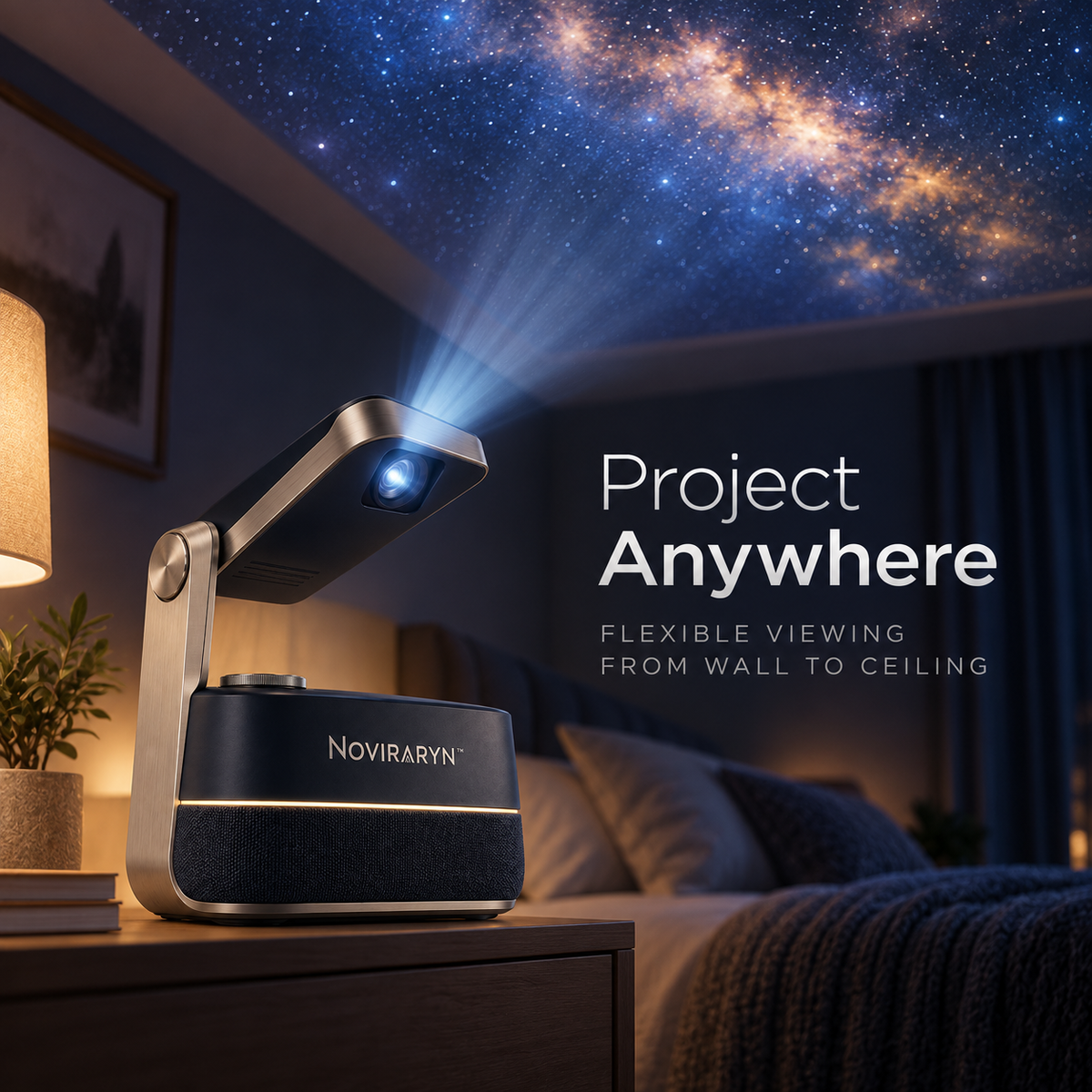 Noviraryn™ Fold-Flat Mini Projector with Pivoting Optical Wing and Integrated Speaker Base