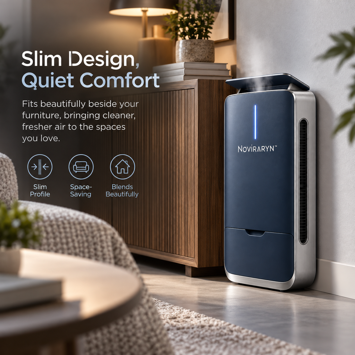 Noviraryn™ Slimline Humidifier with Slide-Out Water Cassette and Adjustable Mist Canopy