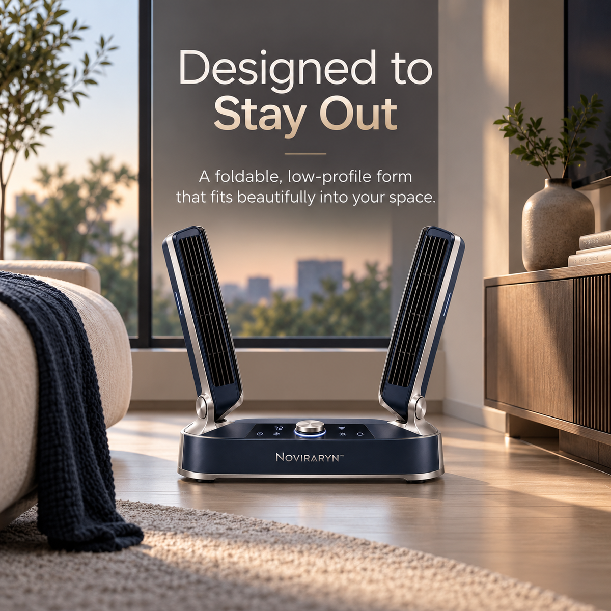 Noviraryn™ Dual-Zone Smart Fan with Pivoting Airflow Wings and Low-Profile Console Base