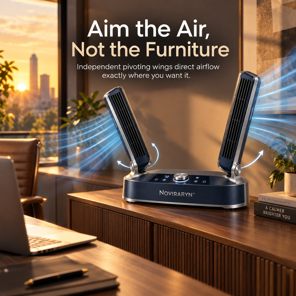 Noviraryn™ Dual-Zone Smart Fan with Pivoting Airflow Wings and Low-Profile Console Base