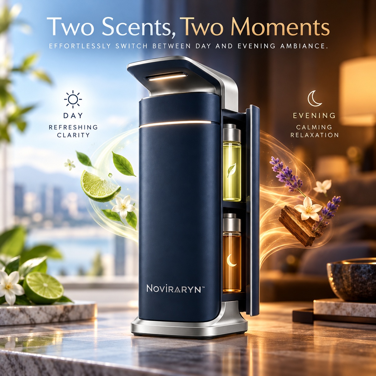 Noviraryn™ Directional Smart Aroma Diffuser with Dual Scent Cartridges and Ambient Light