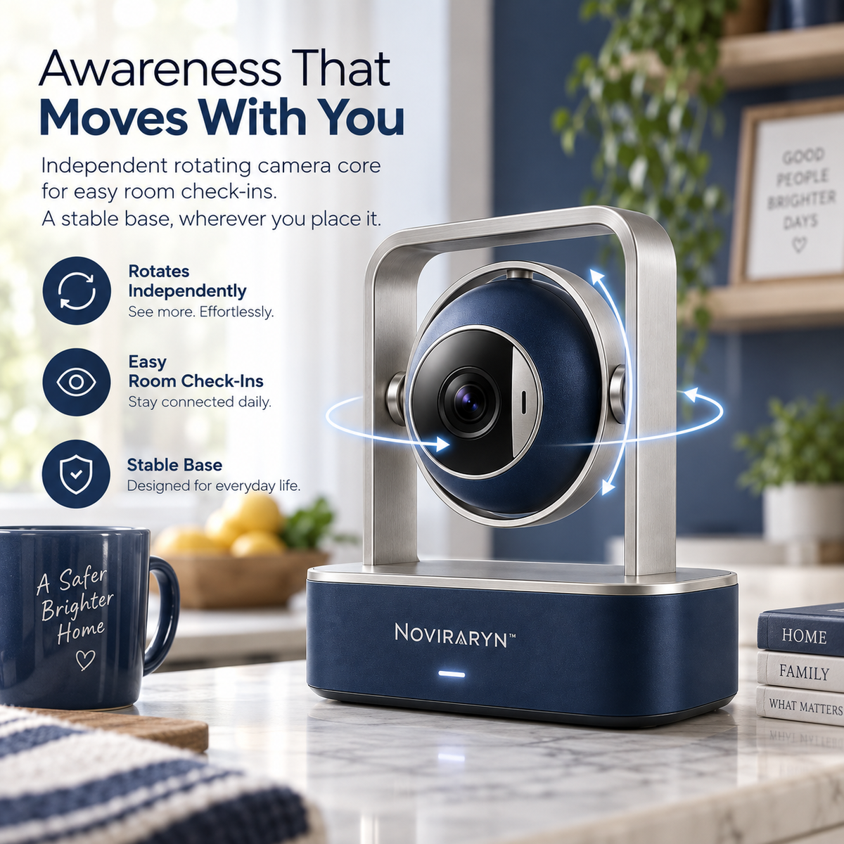 Noviraryn™ Sculptural Indoor Home Monitor with Privacy Shutter and Flexible Room Placement