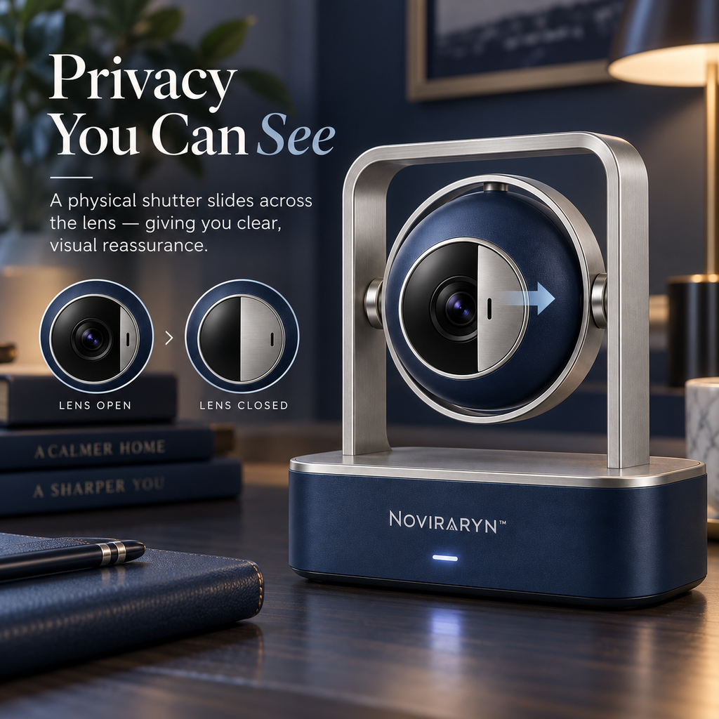 Noviraryn™ Sculptural Indoor Home Monitor with Privacy Shutter and Flexible Room Placement