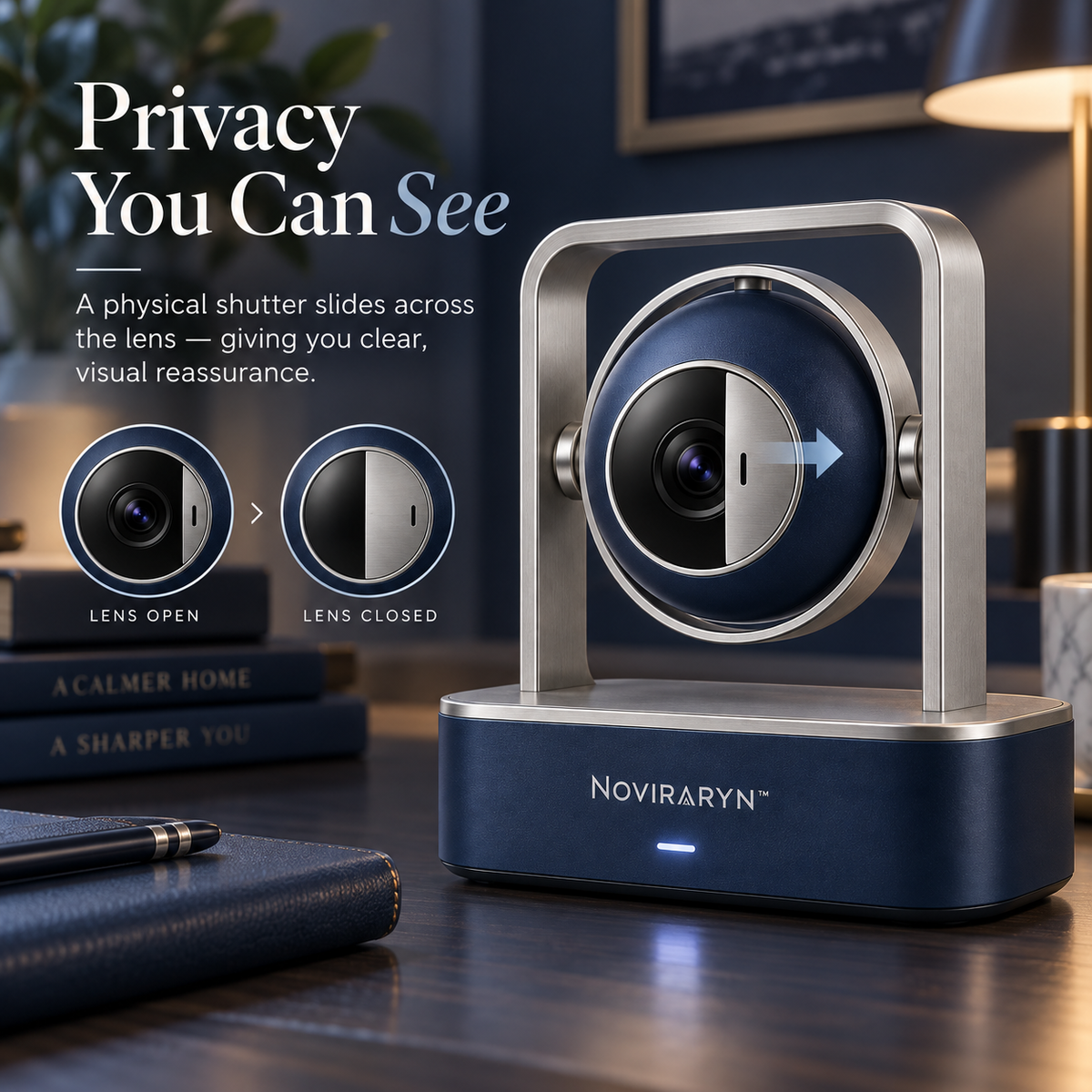 Noviraryn™ Sculptural Indoor Home Monitor with Privacy Shutter and Flexible Room Placement
