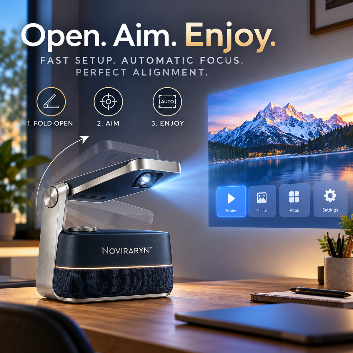 Noviraryn™ Fold-Flat Mini Projector with Pivoting Optical Wing and Integrated Speaker Base