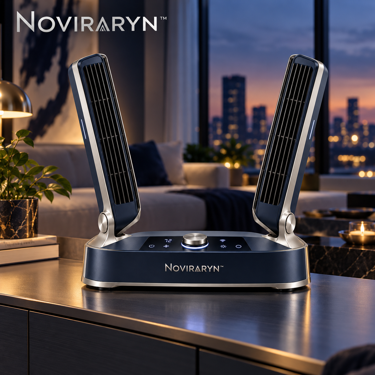 Noviraryn™ Dual-Zone Smart Fan with Pivoting Airflow Wings and Low-Profile Console Base