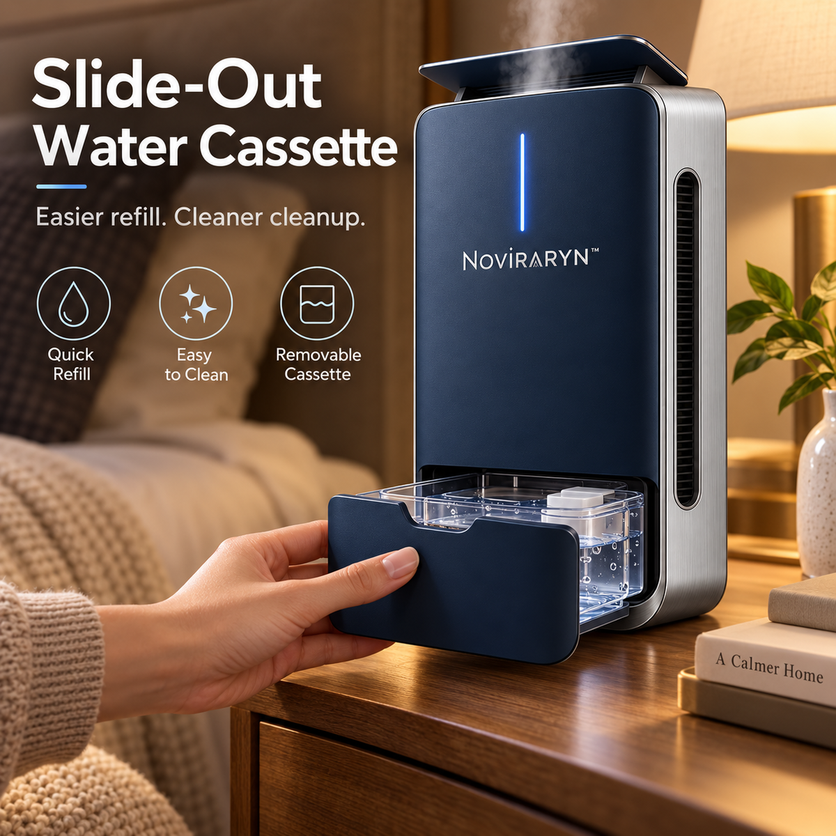 Noviraryn™ Slimline Humidifier with Slide-Out Water Cassette and Adjustable Mist Canopy