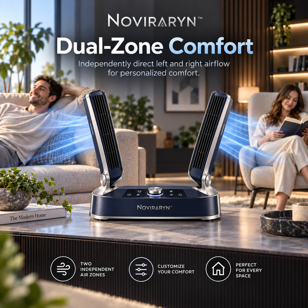 Noviraryn™ Dual-Zone Smart Fan with Pivoting Airflow Wings and Low-Profile Console Base